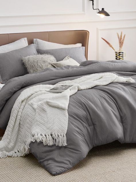 Dark Grey  Collar     Embellished  Fall,Spring,Summer,All Seasons Bedding Gray Bedding Bedroom Ideas, King Size Comforter Sets Master Bedrooms, Comfy Bedding Ideas, Gray Bedding With Pop Of Color, Grey Duvet Cover Bedroom, Dark Grey Bedding Ideas, Bedding For Couples, Bedsure Bedding, Comforter Sets Aesthetic