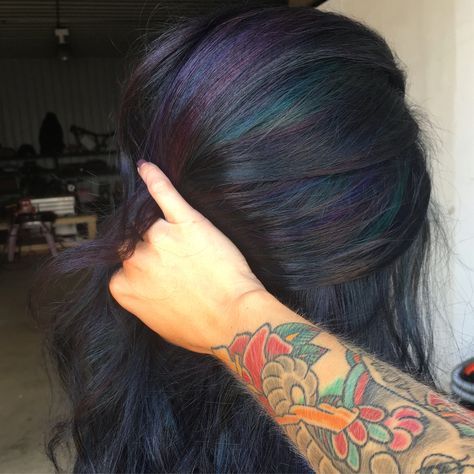 Raven Hair Color, Oil Slick Hair Color, Hidden Rainbow Hair, Oil Slick Hair, Slick Hair, Holographic Hair, Peekaboo Hair, Edgy Haircuts, Teal Hair