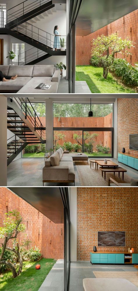 The Big-Little #House, on a small plot, maximizes space by leaving a quarter undeveloped for a garden. Key living areas, like the double-height living room and kitchen, are seamlessly integrated within a large volume overlooking the #garden. #ArchitectureProjects #ArchitecturalDesign #ModernArchitecture #ArchitecturalInspiration #ArchitecturalPhotography #Housedesign #Brickfacade #Redbrick Decorations Drawing, 2023 Home Interior, Modern Living Room Design Ideas, Double Height Living Room, Room Makeover Ideas, Luxury Ceiling Design, Modern Living Room Design, Living Area Design, House Loft