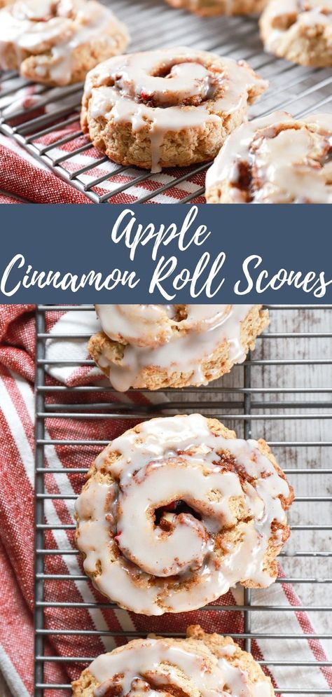 Apple cinnamon roll scones on a cooling rack Cinnamon Rolls Scones, Apple Scone Recipes, Cinnamon Roll Scones Recipe, Apple Cinnamon Roll Bread, Envy Apple Recipes, Apple Scones Recipe Easy, Easy Cinnamon Scones, Cinnamon Scone Recipe, Christmas Scones Recipe