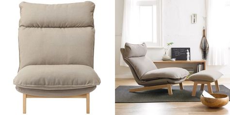 High-back reclining chair from Muji Muji Bedroom, White Kitchen Chairs, Beach Style Living Room, Lounge Room Ideas, Fur Chair, Small Table And Chairs, Childrens Rocking Chairs, Reclining Chairs, Japan Home