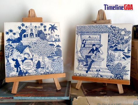 Ubiquitous in Goan architecture, Azulejos are hand- painted tiles of Portuguese origin, traditionally in a striking blue colour.  Several artists have rendered their designs on these tiles, most famously in Goa.  Renditions of this art form are available for purchase at Azulejos de Goa, De Goa Ceramics, Velha Goa Galeria and Marcou Artifacts. Goa Paintings Art, Azulejos Tiles Goa, Goa Painting, Goan Architecture, Heritage Paint, Painted Tiles, Portuguese Tiles, Architecture Painting, Hand Painted Tiles