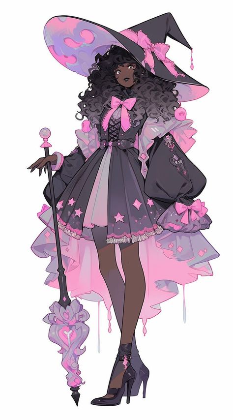 Cute Witchy Outfits Drawing, Black And Pink Character Design, Dnd Witch Outfit, Dark Magical Girl Outfit, Black Witch Character Design, Magical Girl Oc Design, Cute Witch Outfits Drawing, Witchy Character Design, Wizard Oc Art