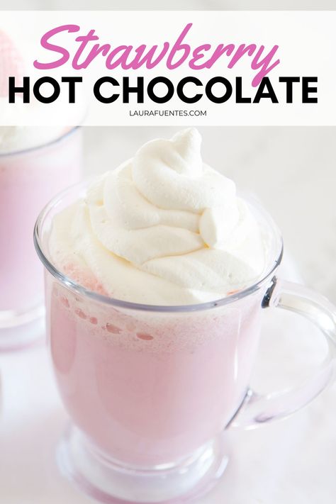 strawberry hot chocolate recipe Strawberry Hot Chocolate, Pink Hot Chocolate, Hot Chocolate Toppings, Warm Winter Drinks, Pink Treats, Peppermint White, Strawberry Drinks, White Hot Chocolate, Natural Food Coloring