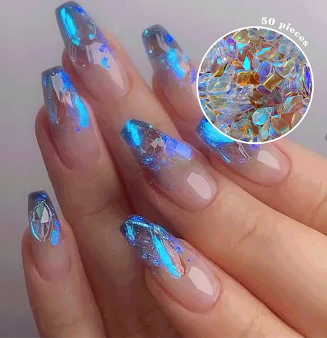 Nail Base, Opal Nails, Aurora Nails, Colorful Nails, Polar Light, Blue Nail Designs, Glass Nails, Gem Nails, Crystal Nails