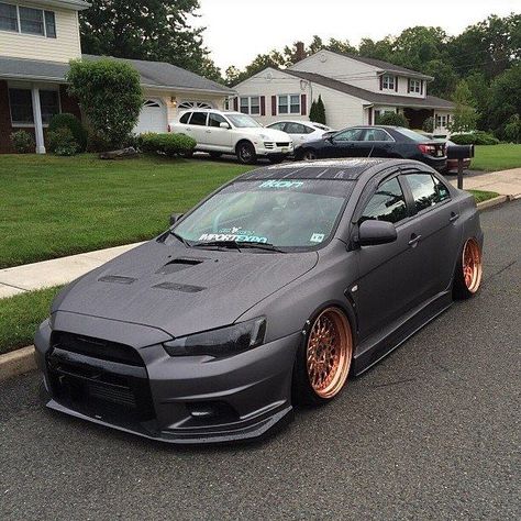 Rose Gold rims. Matte black. Slammed Cars, Stanced Cars, Lancer Evo, Evo X, Mitsubishi Evo, Lancer Evolution, Mitsubishi Lancer Evolution, Honda S2000, Import Cars