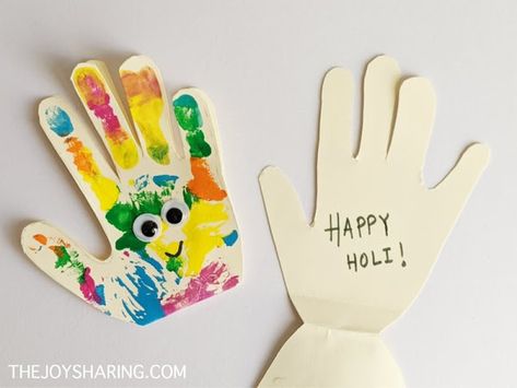 Colorful Handprint Holi Card - The Joy of Sharing Holi Crafts For Kids Ideas, Holi Painting For Kids, Holi Activities For Toddlers, Holi Card Ideas, Holi Cards For Kids, Holi Craft, Holi Ideas, Kids Crafts Masks, Holi Tshirt Design For Kids