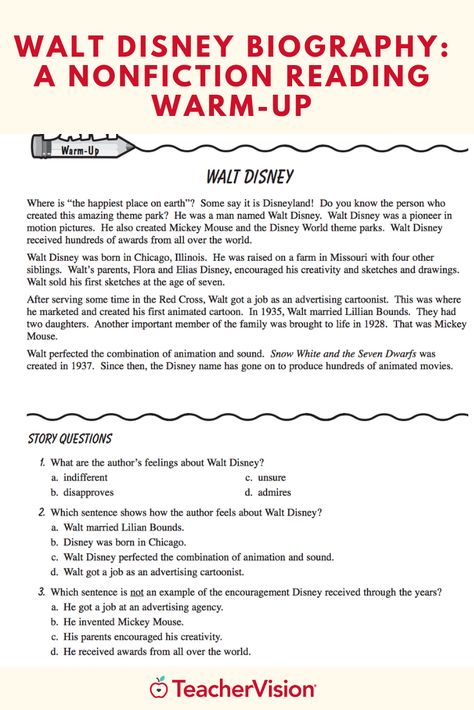 Discover the magic of Walt Disney while improving students' nonfiction reading skills. This printable warm-up includes a short biography and reading comprehension questions. Disney Reading, Walt Disney Biography, Life Skills Class, Steam Ideas, Reading Comprehension Questions, Nonfiction Reading, Comprehension Worksheets, Reading Comprehension Worksheets, Daily Reading