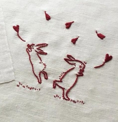 Simple Bunny Embroidery, Embroidery Bunny, Bicycle Aesthetic, Rabbit Embroidery, Embroider Ideas, Embroidered Bunny, Hand Embroidery Patterns Free, Valentine Embroidery, Bunny Embroidery