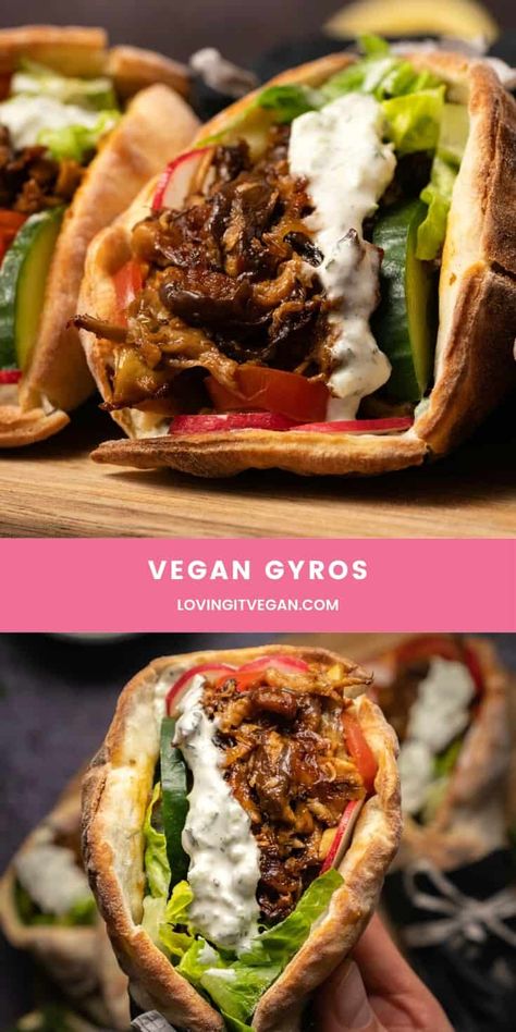 Vegan Gyros Recipe, Vegan Gyros, Vegan Diner, Vegan Greek, Gyro Recipe, Vegan Tzatziki, Vegan Wraps, Vegan Main Dishes, Tzatziki Sauce