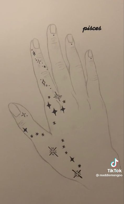 Star Hand Doodles, Cute Hand Doodles, Zodiac Hand Tattoos, Doodles On Arm, Cute Things To Draw On Your Hand, Hand Doodle Ideas, Constellation Hand Tattoo, Star Henna, Pisces Constellation Tattoo