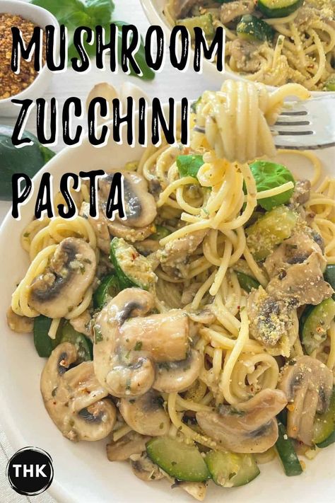 An easy weeknight meal featuring mushrooms, zucchini and tender spaghetti. This mushroom zucchini pasta is naturally vegan, incredibly delicious and flavourful and ready in just 30 minutes! Plus a creamy sauce that's ready in no time! #pasta #weeknightmeal #vegan Zucchini Mushroom Pasta Recipes, Mushroom Zucchini Pasta, Pasta With Zucchini And Mushrooms, Zucchini Mushroom Pasta, Mushroom Zucchini Recipe, Mushroom Zucchini, Butter Sauce For Pasta, Pasta Queen, Macro Diet