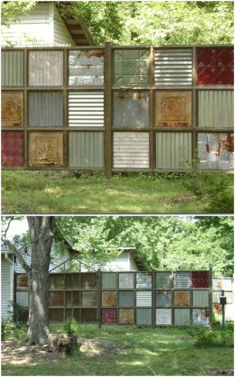 Recycled Metal Fence Decoration Backyard Fence Decor, Diy Garden Fence, Rustic Fence, Cheap Fence, Pallet Fence, Steel Fence, Diy Fence, Front Yard Fence, Privacy Fences