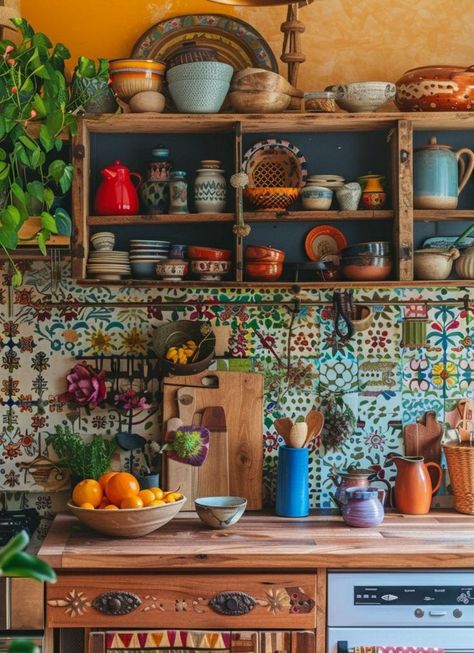 Eclectic Kitchen Bohemian, Howls Bedroom, Mexican Farmhouse Decor, Eccentric Kitchen, Cottage Lifestyle, Vintage Rooms, Unfitted Kitchen, Cozy Eclectic, Table Island