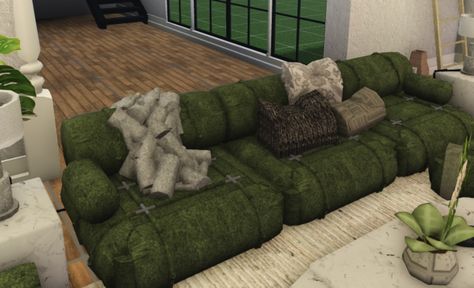 Custom Couches Bloxburg, Bloxburg Window Seat Ideas, Couch Ideas Bloxburg, Custom Bloxburg Couch, Bloxburg Chair Design, Green Bloxburg House, Bloxburg Livingrooms, Bloxburg Decoration Decals, Bloxburg Furniture Ideas