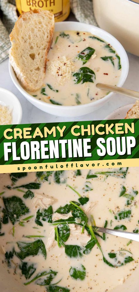 This Creamy Chicken Florentine Soup is an easy dinner idea inspired by the classic Italian dish! This creamy homemade soup comes together in one pot in 20 minutes. Pin this simple weeknight dinner recipe!