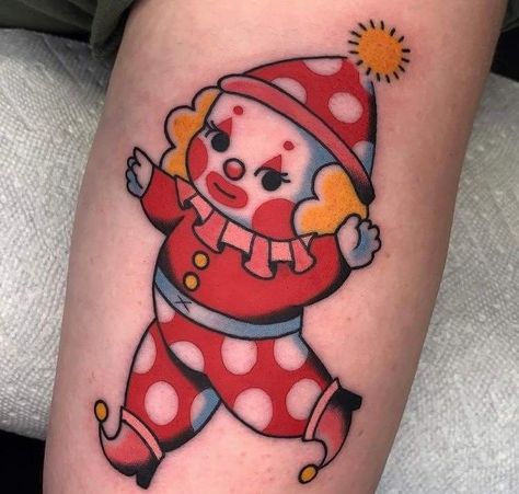 Clowncore Tattoo, Kewpie Art, Bright Tattoos, Cherry Tattoos, Doll Tattoo, Clown Tattoo, Kawaii Tattoo, Cute Piercings, Tattoo Illustration