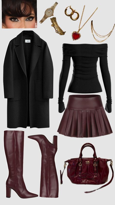 #coffeeaesthetic #dark #red #boots #cute #cafeaesthetic #downtowngirl #fall #fallaesthetic #fallgirlaesthetic #fallcore #black #gold #jewelry #goldjewelry #winter #winteraesthetic Fallcore Outfits, Dark Red Boots Outfit, Dark Red Boots, Red Boots Outfit, Red Skirt Outfits, Red Christmas Outfit, Skirt Outfits Aesthetic, Black Gold Jewelry, Red Boots