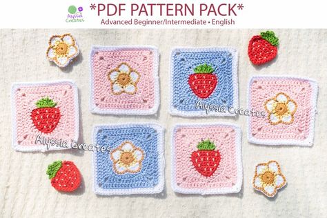 Strawberry Granny Square Pattern, Strawberry Granny Square, Granny Squares Crochet, Squares Crochet, Granny Squares Pattern, Square Patterns, Pdf Patterns, Granny Squares, Half Double Crochet