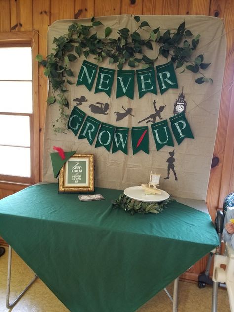 Never grow up.. peter pan party. Peter Pan Decorations Diy, Peter Pan Never Grow Up, Never Grow Up Peter Pan First Birthday, Peter Pan Party Decorations Diy, Peter Pan Never Grow Up Birthday, Peter Pan Party Decor, Off Two Neverland Party, Peter Pan In One-derland, Peter Pan And Wendy Birthday Party