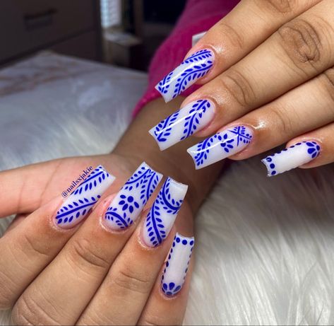 Acrylic nails Azul Nails Ideas, Clase Azule Nails, Mexican Independence Day Nails, White And Blue Acrylics, Clase Azul Inspired Nails, Clase Azul Tequila Nails, Blue Mexican Nails, Blue Tequila Nails, Tequila Nails Design