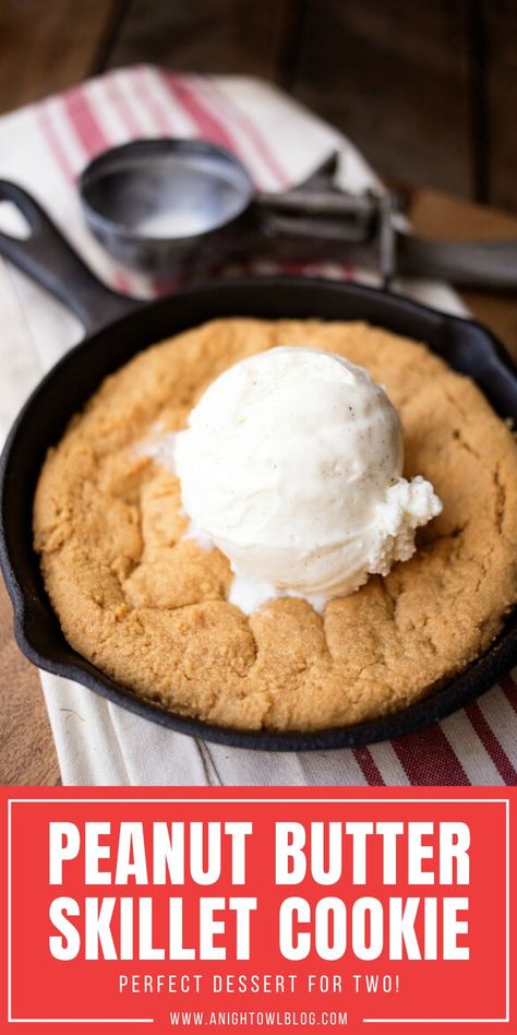 This Peanut Butter Skillet Cookie is easy to whip up and absolutely delicious served warm and topped with ice cream! #Dessert #SkilletCookie #Pizookie Small Skillet Cookie, Pazookies Desserts, Peanut Butter Pizookie Recipe, Mini Skillet Cookie, Peanut Butter Skillet Cookie, Pizookie Recipe, Skillet Cookie Recipe, Skillet Cookies, Skillet Desserts