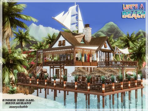 The Sims Resource - Life's a Beach Under the Sail Restaurant Sims 4 Beach Restaurant, Beach Restaurant Design, Living Room Sims 4, The Sims 4 Lots, Sims 4 Kitchen, Sims 4 Bedroom, Beach Restaurant, Tumblr Sims 4, Electronic Art