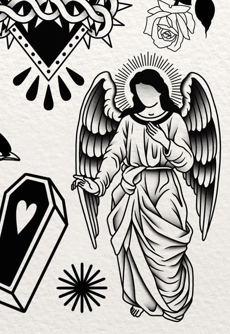 American Traditional Tattoos Angel, American Traditional Angel Tattoo, American Traditional Angel, Traditional Angel Tattoo, Traditional Tattoo Black And White, Traditional Tattoo Drawings, Abstract Tattoo Ideas, Illusion Tattoos, Optical Illusion Tattoos