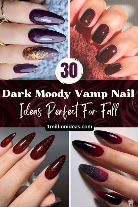 Dark Moody Vamp Nail Ideas Dark Acrylic Nails, Dark Color Nails, Vampy Nails, Dark Nail Art, Dark Nail Designs, Purple Manicure, Dark Purple Nails, Plum Nails, Wine Nails