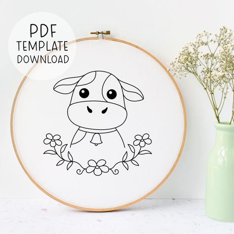 Cute Cow Hand Embroidery Pattern, Kids Embroidery, Vegan Embroidery, Vegan Gift Embroidery Design, Farm Animals Embroidery Friends Not Food Cow Embroidery Pattern, Cow Hand Embroidery, Vegan Embroidery, Embroidery Friends, Embroidery Guide, Animal Embroidery Patterns, Kids Embroidery, Gift Embroidery, Animals Embroidery