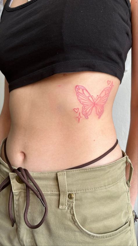 Pastel Pink Tattoo, Pink Outline Tattoo, Pink Line Tattoo, Pink Ink Tattoos, Pink Dragon Tattoo, Butterfly Tattoo Pink, Pink Tattoo Ideas, Pink Tattoo Aesthetic, Hot Pink Tattoo