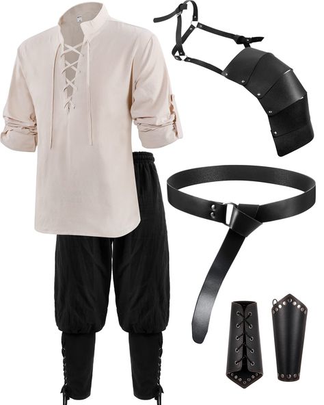 Pirate Costume Ideas Men, Men’s Fairy Costume, Casual Pirate Outfit Men, Larp Outfits Male, Simple Ren Faire Outfit Men, Renfair Outfit Men, Male Fae Costume, Mens Medieval Clothing, Medieval Costume Male