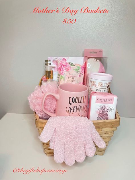 Mother’s Day Gifts Baskets, Homemade Housewarming Gifts, Diy Mother's Day Gift Basket, Mothers Day Gift Basket, Pink Gift Basket, Gifts Aesthetic, Mothers Day Baskets, Dollar Tree Gifts, Homemade Gift Baskets