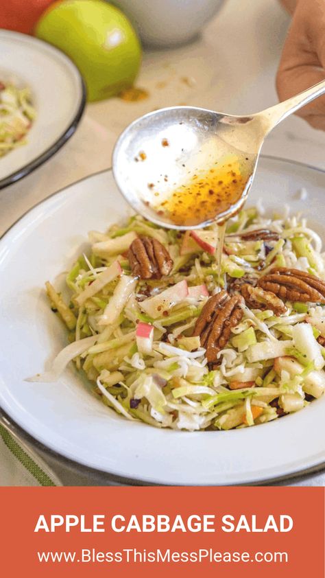 Apple cabbage salad with pecans is a crunchy and bright salad similar to cole slaw with just a hint of sweetness from the fruit. #cabbagesalad #coleslaw #applecabbagesalad #applesalad #cabbage #salad Crunchy Cabbage Salad Recipes, Cabbage And Apple Salad Recipes, Fall Cabbage Salad, Cabbage Salad With Apples, Coleslaw Apple Salad, Cole Slaw With Apples, Apple Cabbage Salad Recipes, Savoy Cabbage Salad, Cabbage Apple Salad Recipes