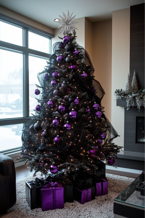 Into a bold, moody Christmas look? Try a gothic-inspired black Christmas tree with deep purple ornaments. Think velvet ribbons and black roses for extra drama. How about some faux black candles to complete the gothic vibe? This setup gives off a dark elegance that feels perfect for a unique holiday. Purple And Black Christmas Tree, Dark Christmas Decor Ideas, Black And Purple Christmas Tree, Gothic Christmas Aesthetic, Gothic Christmas Decorations, Goth Christmas Tree, Black Christmas Tree Ideas, Black Xmas Tree, Gothic Christmas Tree