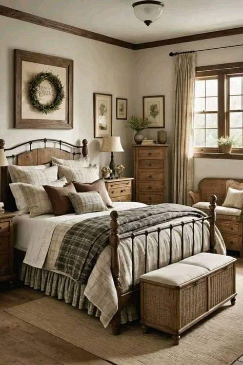 Farmhouse Themed Bedroom, Rustic Charm Bedroom, Old Country Bedroom Ideas, Master Bedrooms French Country, Country Bedroom Ideas Farmhouse Rustic, Masculine Farmhouse Bedroom, Farmhouse Room Bedrooms, Cozy Bedroom Ideas Vintage, French Country Bedroom Decor Ideas