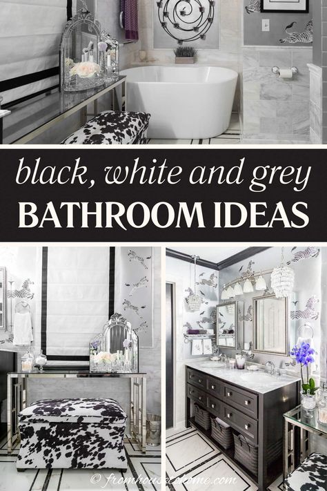 Beautiful black, white and grey bathroom ideas Bathroom Decor Gray And Black, Black And White Bathroom Shower Curtain Decorating Ideas, Black White And Grey Bathroom Ideas Decor, Bathroom Decor Ideas Gray, Grey Black And White Bathroom, Black White And Gray Master Bathrooms, Gray And Black Bathroom, Gray Black And White Bathroom, Black White And Grey Bathroom Ideas Tile