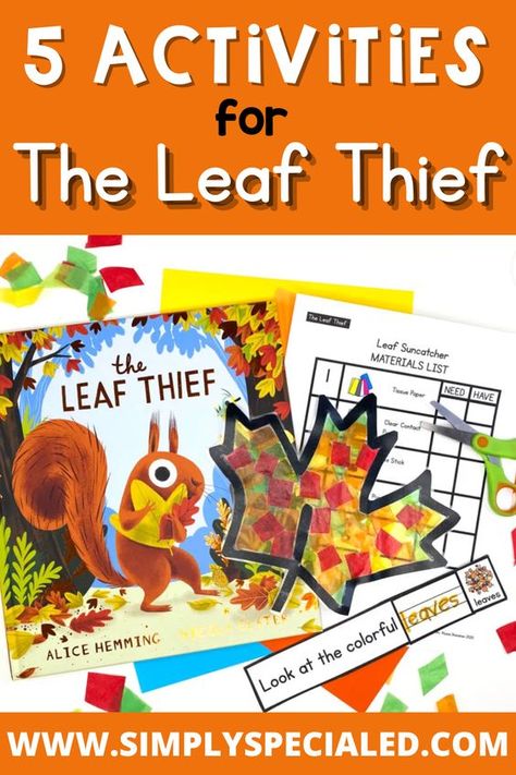 Have you heard of The Leaf Thief book? It’s the perfect book to add to your fall reading list in elementary school and your special education classroom. Inside this blog, I provide a variety of The Leaf Thief activities. It’s a great way to illustrate adapting to change activities for kids. The Leaf Theif book activities include a story map for kids, sequencing activities, vocabulary activities, reading comprehension for kids, and a fall craft. Add this book to your autumn reading book list! Fall Story And Craft, First Week Of Fall Activities, Fall Read Aloud And Craft, Fall Book With Activity, Book Comprehension Activities, Leaf Thief Book Activities, Fall Sequencing Activities, Art And Reading Activities, Fall Books With Activities