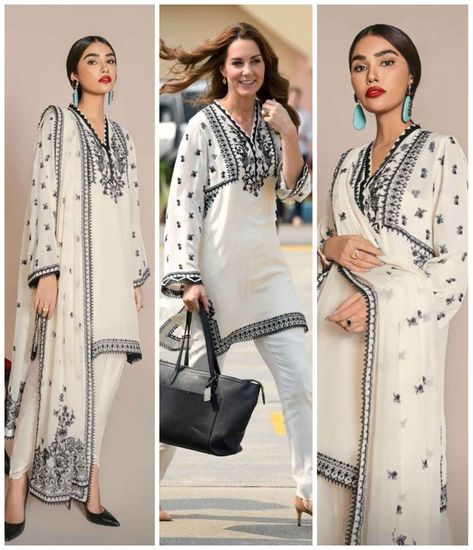 Kate Middleton wore this classic off white black kurta pajama by Elan , a top notch Pakistani designer wear brand for women. #katemiddleton #pakistan #tour #kurta #outfit #elan #pakistanidesignerwear Kurta Outfit, White Pakistani Suit, Shoes Guide, Black Kurta, Kurta Pajama, Pakistani Suits, Pakistani Designers, Beach Wears, Beach Wear