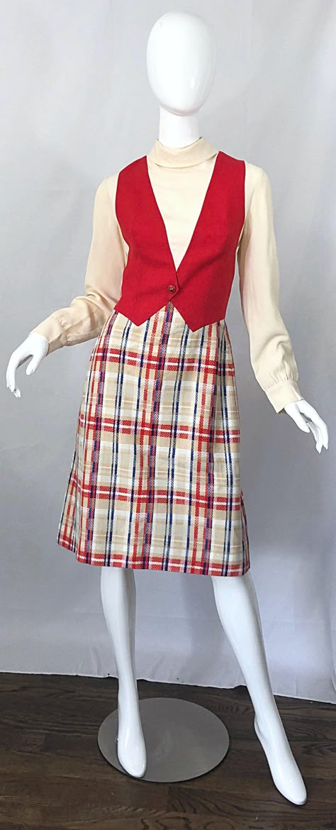 Chic 1960s Pat Sandler Trompe l'Oeil Red White and Blue Vintage 60s A Line Dress For Sale at 1stdibs Minako Aino, 1960s Fashion, Line Dress, 60s Fashion, Blue Vintage, Dress For Sale, Character Outfits, Historical Fashion, 70s Fashion