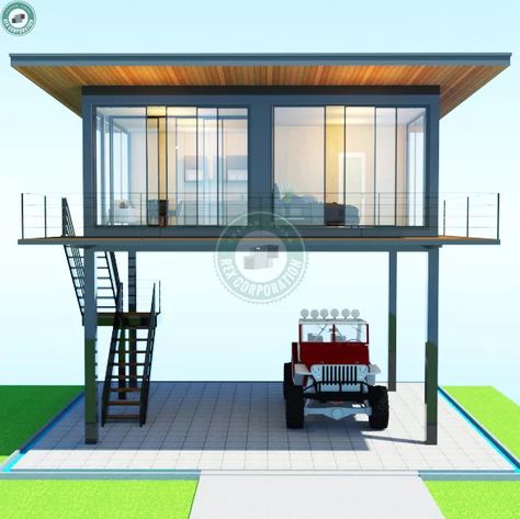 Elevated Container House Design, Tiny House Roof Deck, Container House On Stilts, House On Stilts Plans, Elevated Tiny House, Stilt House Plans Modern, Modern House On Stilts, Stilts House, Modern Stilt House