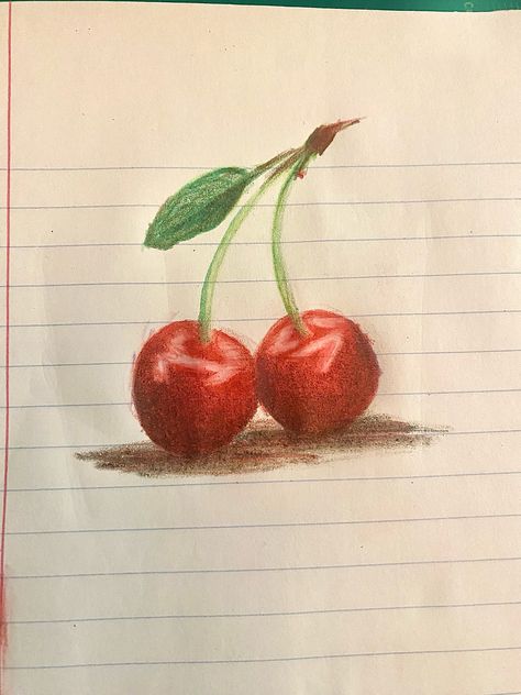 A drawing of two cherries made with colored pencils on notebook paper. Cherries Drawing, Cherry Drawing, Doodles Drawings, Cute Doodles Drawings, Colored Pencil, Doodle Drawings, Cute Doodles, Homework, Colored Pencils