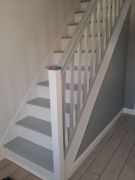 Grey And White Stairs And Landing, Grey And White Painted Stairs, Grey Bannister White Spindle, Grey And White Bannister, Grey Banister Staircases, Grey Balustrade, Painted Bannister Ideas, Grey And White Stairs, Grey Bannister