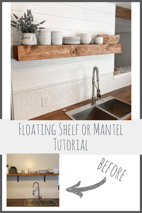 Diy Floating Mantle, Diy Mantle Shelf, Build A Floating Shelf, Floating Shelf Mantle, Diy Mantle, Floating Mantle, Paneling Makeover, Wood Mantel Shelf, Diy Fireplace Mantel