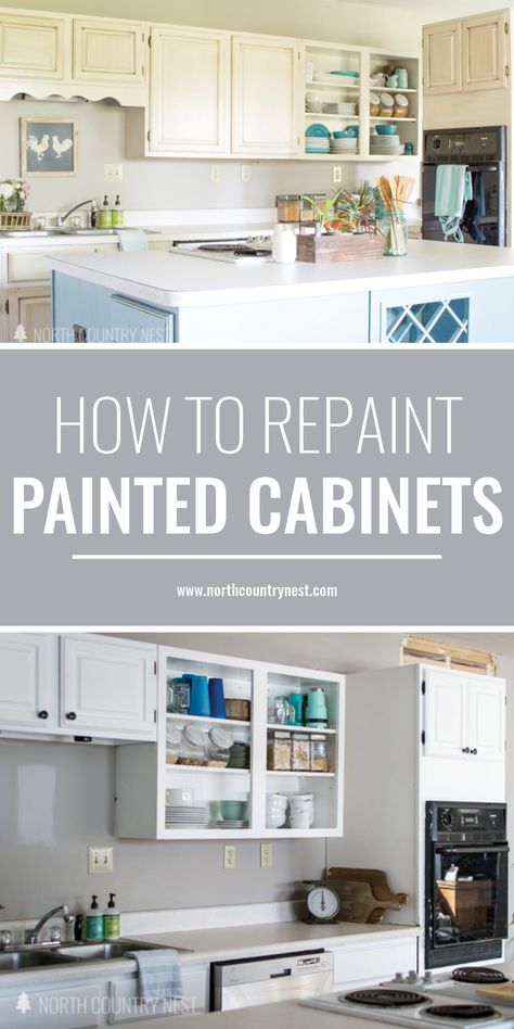 Check out this great tutorial on how to re-paint painted kitchen cabinets. Yes, it can be done and yes, it WORKS! #northcountrynesttutorial #DIY #kitchencabinet Repainting Kitchen Cabinets, Kitchen Diy Ideas, Painted Kitchen Cabinets, Modern Home Decor Kitchen, Painted Cabinets, Plywood Cabinets, Painted Kitchen, New Kitchen Cabinets, Painting Kitchen