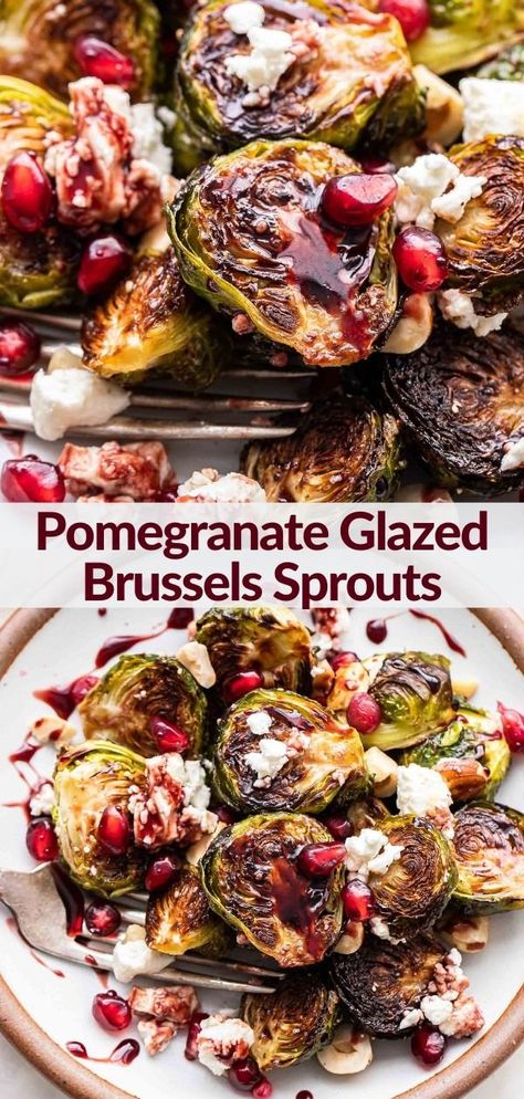 Roasted Brussel Sprouts With Goat Cheese And Pomegranate, Stuffing With Pomegranate, Brussel Sprout Pomegranate Recipes, Pomegranate Meat Recipes, Winter Vegetable Recipes Sides, Roasted Brussel Sprouts With Pomegranate Seeds, Roasted Brussel Sprouts With Bacon And Pomegranate, Brussel Sprout And Pomegranate Salad, Fall Pomegranate Recipes