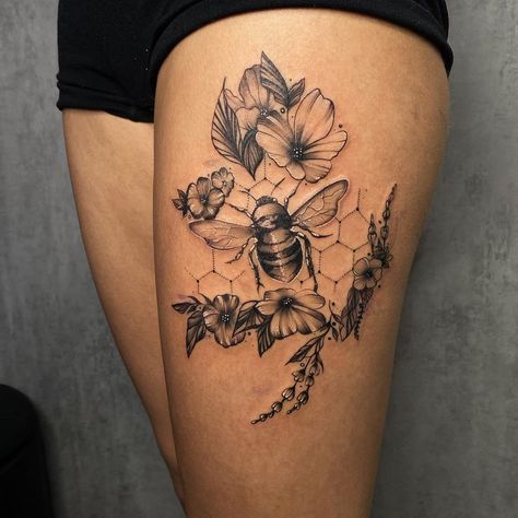 Beehive Filler Tattoo, Busy Bee Tattoo, Bee Shoulder Tattoos For Women, Bee Tattoos With Honeycomb, Thigh Peices Tattoos, Sunflower Tattoo Ideas Female, Women’s Leg Tattoo Ideas, Bees And Butterflies Tattoo, Tattoo Themes For Women