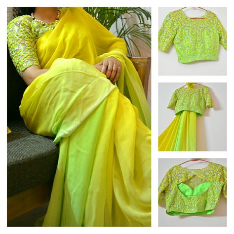 #Summers are here with #shaded #lemon and #green #chiffon #saree with stylish #embroidered #blouse. For enquiries mail@ nupurtewari2587@gmail.com Green Chiffon Saree, Parrot Green, Yellow Saree, Unique Blouse Designs, Green Saree, Unique Blouse, Blouse Work, Saree Dress, Blouse Work Designs