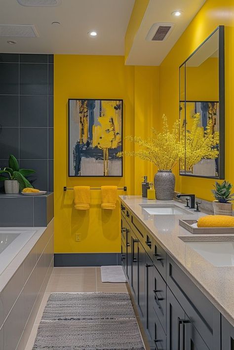 29 Sunny Yellow Bathroom Decor Ideas to Brighten Your Space 4 Yellow Aesthetic Bathroom Ideas, Mustard Bathroom Ideas, Blue And Yellow Bathroom Ideas, Mustard Yellow Bathroom, Yellow And Blue Bathroom, Mustard Bathroom, Cosy Bathroom, Yellow Bathroom Decor, Boho Bathroom Decor