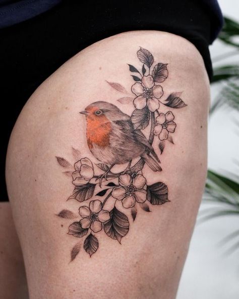 Mockingbird Tattoo, Side Leg Tattoo, Robin Bird Tattoos, Thigh Tattoos For Women, Bird And Flower Tattoo, Flower Leg Tattoos, Robin Tattoo, Flower Thigh Tattoos, Thigh Tattoo Designs